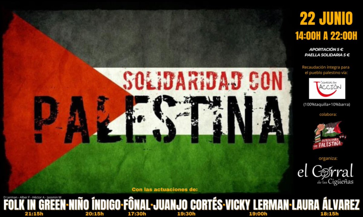 🎶 Este domingo tenemos cita en El Corral de las Cigüeñas (Cáceres) en el festival  #SolidaridadConPalestina, organizado por #SonrisasAccion 🇵🇸

🕐 Desde las 14h hasta la noche
🎤 Actuamos a las 17:30h con un invitado muy especial
¡Nos vemos allí! 💚✊