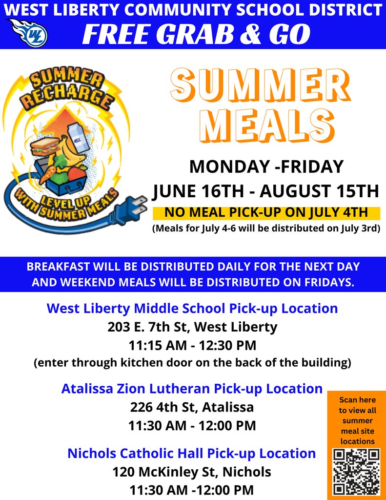 Today is the first day of Summer Lunch!  We are getting meals ready, and we hope to see you soon!  
WL Middle School Cafeteria: 11:15-12:30
Atalissa Zion Lutheran: 11:30 - 12:00
Nichols Catholic Hall: 11:30 - 12:00