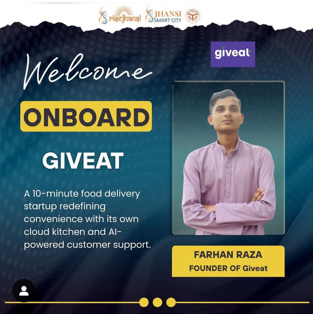 RzaVlog's tweet photo. Proud to join the @RiseJhansi Incubation Center! ๐
Giveat is redefining food delivery with:
โก๏ธ 10-min deliveries
๐ Own cloud kitchen
๐ค Smart AI chatbot
From Jhansi to India โ Smart food for smart cities! ๐
#Giveat #RISEJhansi #FoodTech @RiseJhansi
@UPStartuppolicy https://t.co/CU8GHY7Xmf