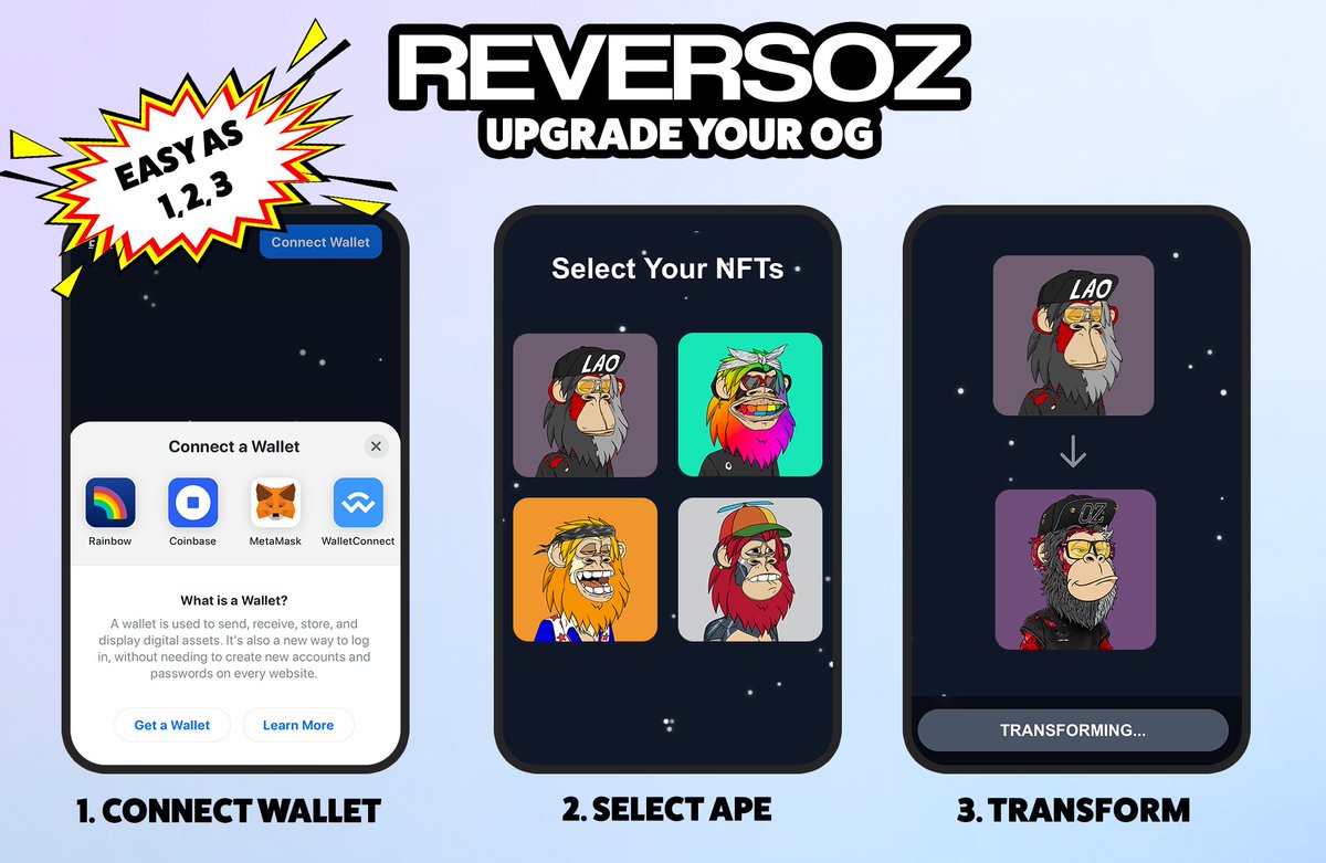 hey, mobile heads! transforming your ape has been made easier!
Easy as 1  2  3  !
Once you've transformed, show off your favorite ones
reversoz.com

#REVERSOZ #Web3 #NFTs