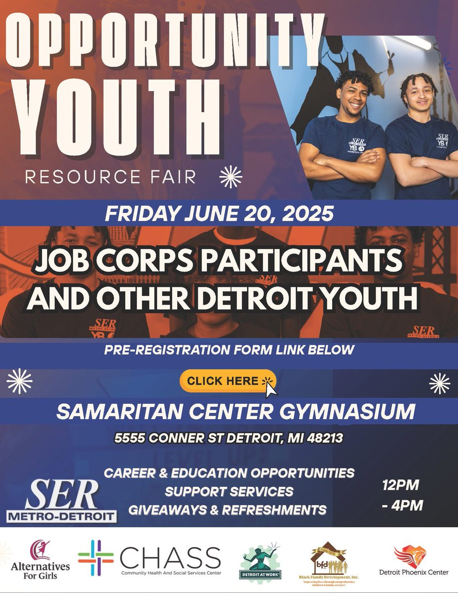 We're excited to welcome you to a youth resource fair this Friday!

Youth between the ages 14-24 will get the chance to explore career &amp; education opportunities and support services. Register here: shorturl.at/Gbv2Q

See you on June 20th, 12 p.m. - 4 p.m. at 5555 Conner St.