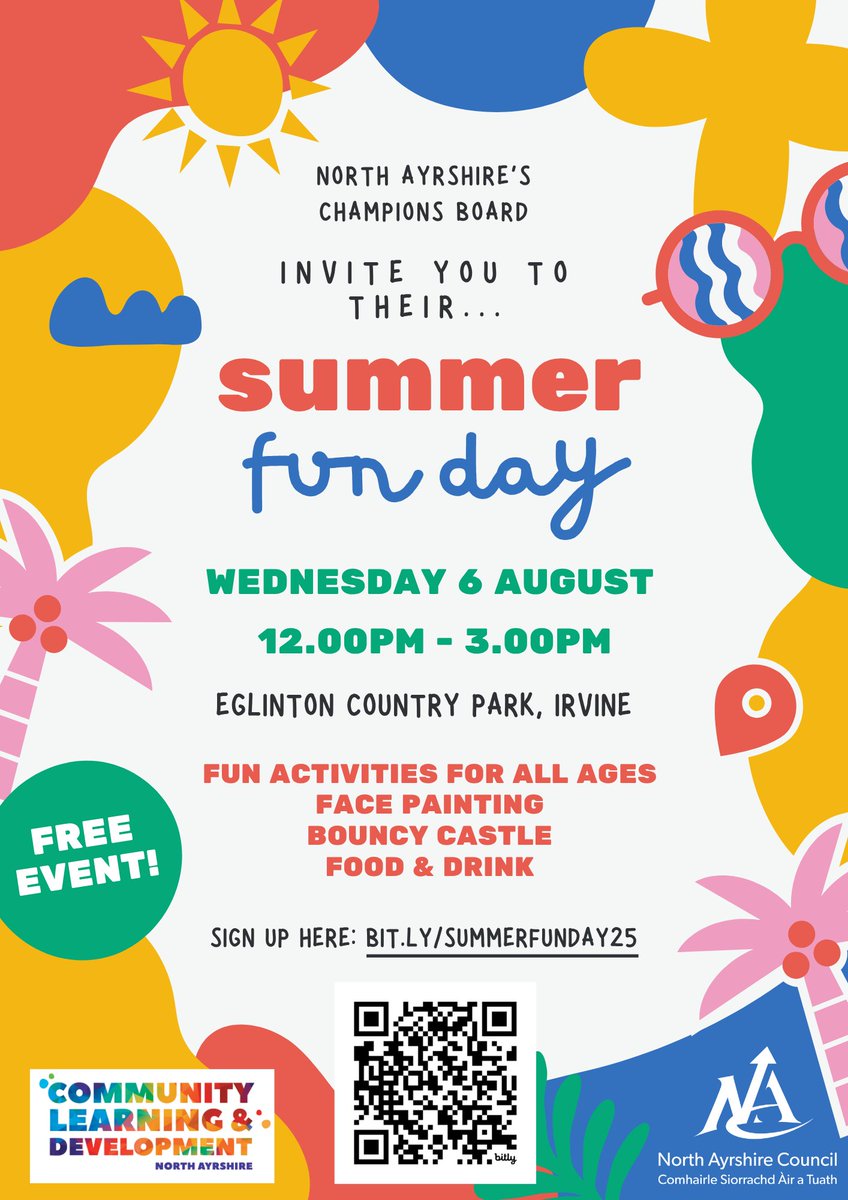 Join The North Ayrshire Champions Board for their FREE Summer Fun Day.  Open to all with lots of fun things to do and plenty of organisations on hand to offer advice and info including our lovely Student Experience Team!

#summerfun #daysout #free