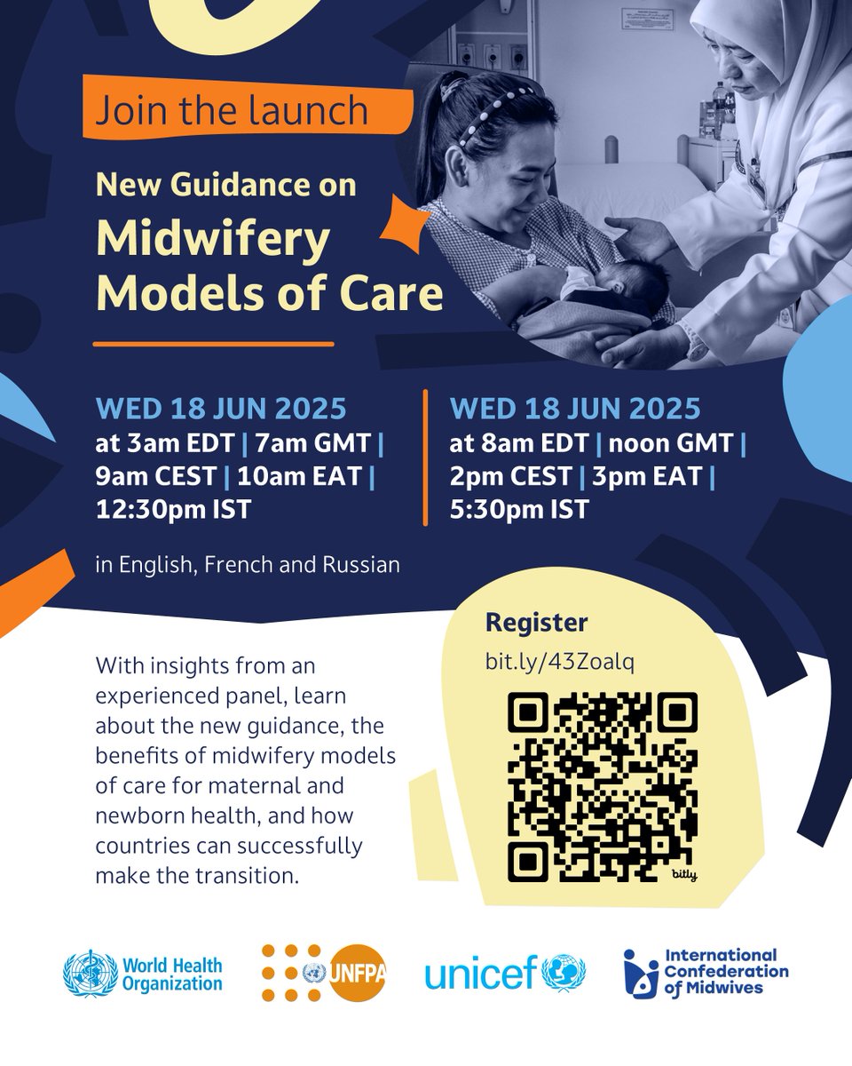 PMNCH (@pmnch) on Twitter photo 🚀 Join the global launch!
New guidance from <a href="/WHO/">World Health Organization (WHO)</a>, <a href="/UNICEF/">UNICEF</a>, <a href="/UNFPA/">UNFPA</a> & <a href="/world_midwives/">International Confederation of Midwives</a> supports countries in transitioning to midwifery models of care — improving outcomes for women, newborns & families.
🗓️ 18 June 2025 | 2 sessions available
🗣️ Interpretation will be available 🚀 Join the global launch!
New guidance from <a href="/WHO/">World Health Organization (WHO)</a>, <a href="/UNICEF/">UNICEF</a>, <a href="/UNFPA/">UNFPA</a> & <a href="/world_midwives/">International Confederation of Midwives</a> supports countries in transitioning to midwifery models of care — improving outcomes for women, newborns & families.
🗓️ 18 June 2025 | 2 sessions available
🗣️ Interpretation will be available