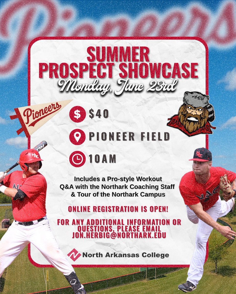Northark Athletics (@pioneerteams) on Twitter photo 🚨 One Week Away! 🚨
<a href="/NortharkB/">North Arkansas College Baseball</a> Prospect Camp is almost here!
📅 Monday, June 23
⏰ 10AM
⚾ Now competing at NJCAA Division II
🏫 Campus Tour included
💻 Registration still open🔒secure your spot today!
Sign up here: tinyurl.com/3a9n2j6r 🚨 One Week Away! 🚨
<a href="/NortharkB/">North Arkansas College Baseball</a> Prospect Camp is almost here!
📅 Monday, June 23
⏰ 10AM
⚾ Now competing at NJCAA Division II
🏫 Campus Tour included
💻 Registration still open🔒secure your spot today!
Sign up here: tinyurl.com/3a9n2j6r