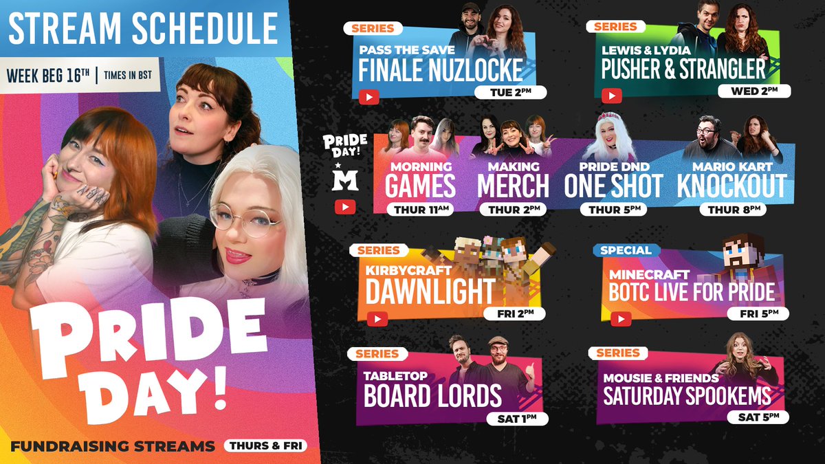 This week, we're going live for Pride, raising funds for our friends at Mermaids Charity! 

Tune in Thursday for a day of celebration and fundraising (and a bit of bonus BOTC fun on Friday!)