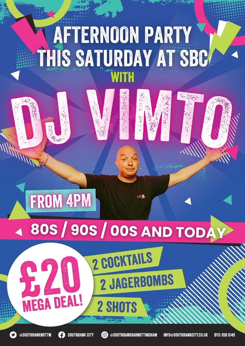 We've brought our Sat Night DJs into the afternoon 😀 

Get the party started from 4pm with Absolute Bangers from the 80s/90s/00s &amp; Today 💥

This Saturday we're delighted to be joined by the one &amp; only <a href="/SteveVimto/">Steve Vimto</a> - JOIN US! 🎧

📲 southbankcity.co.uk/book
