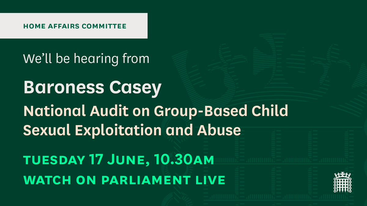 Tomorrow at 10.30am, we'll question Baroness Casey on the findings of her audit of group-based child sexual abuse.

What steps will need to be taken now the Government has committed to holding a national inquiry into group-based child sexual abuse?

Watch on Parliament Live.