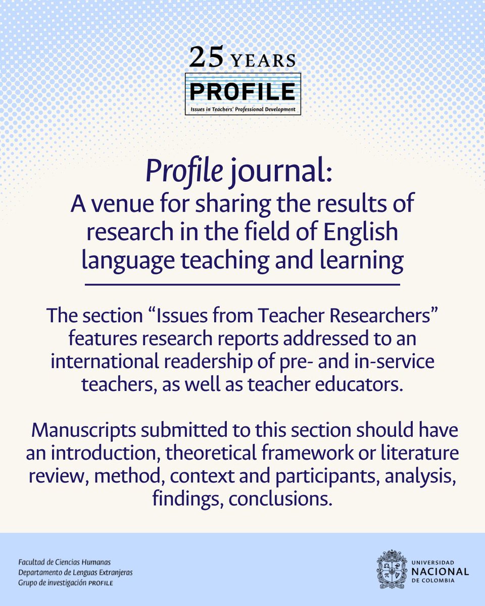 ✒️The section “Issues from Teacher Researchers” features research reports addressed to an international readership of English language pre- and in-service teachers, as well as teacher educators.

🔎Find out more: revistas.unal.edu.co/index.php/prof…

#EnglishLanguage #TeacherResearchers