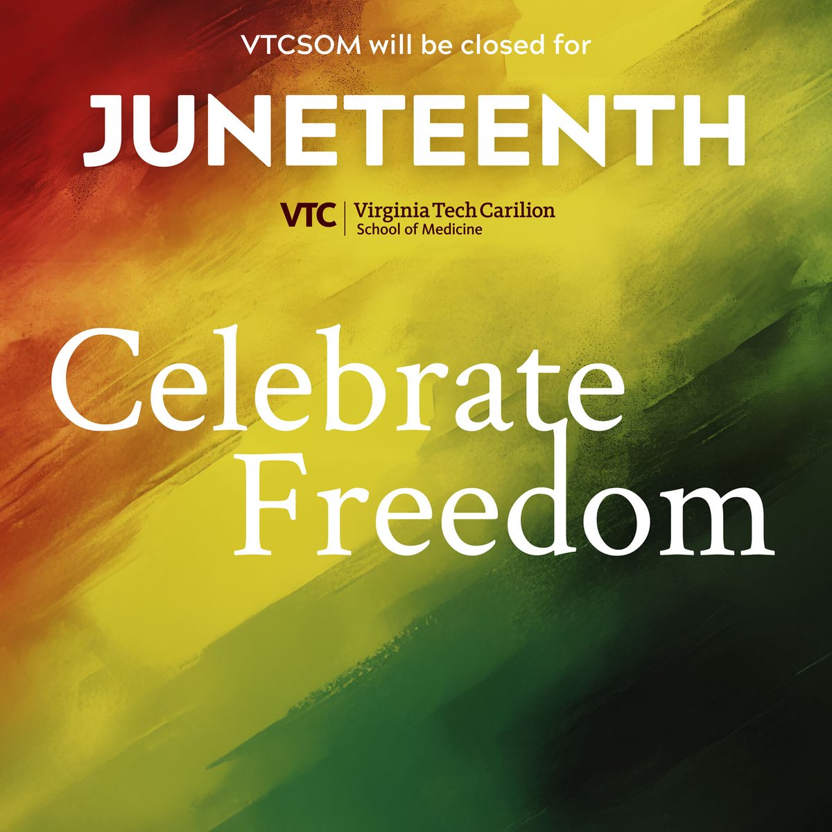 vtcsom's tweet image. VTCSOM is CLOSED today for Juneteenth and will reopen Friday, June 20th.