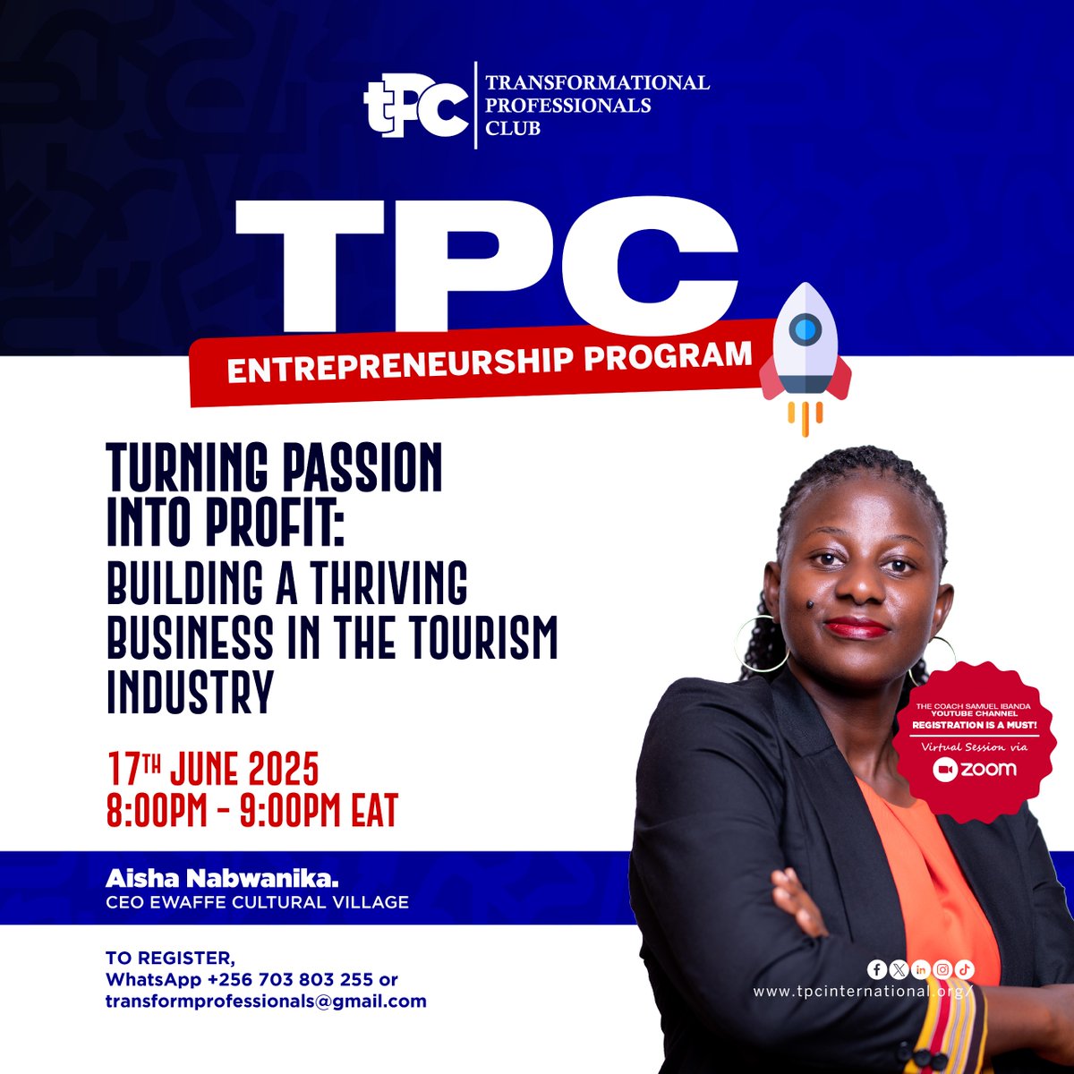 Topic: Turning Passion into Profit — Building a Thriving Business in the Tourism Industry

Transformational Professionals Club <a href="/tranformat97674/">Transformational ProfessionalsClub</a>  is excited to host <a href="/nabwanika/">Aisha Nabwanika</a> , a Cultural Tourism Social Entrepreneur, and the Founder &amp; CEO of <a href="/EwaffeVillage/">Ewaffe Cultural Village</a>  Cultural Village, an