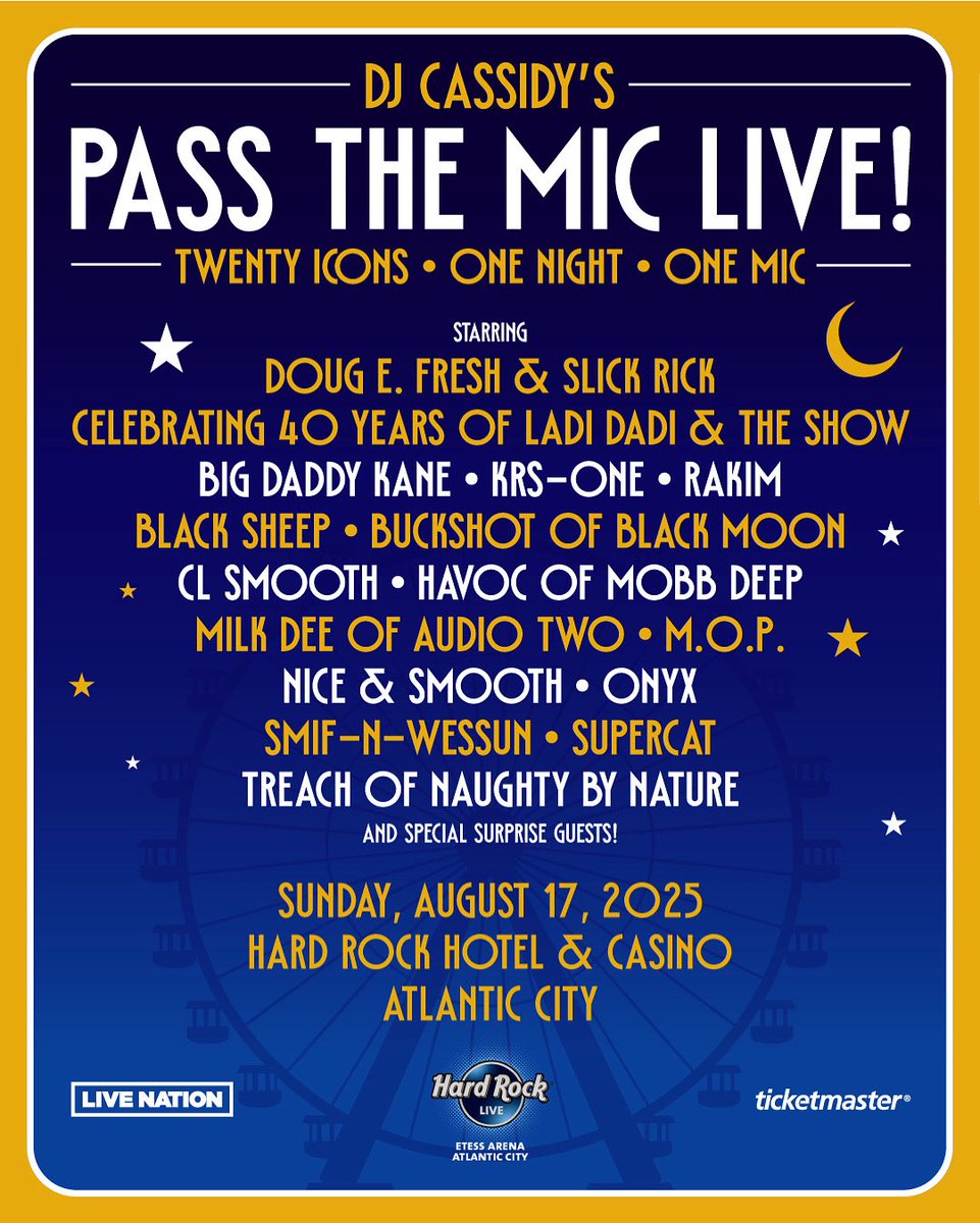 DuckDownMusic's tweet image. 🚨 Catch @Buckshot in Atlantic City August 17 as he Passes The Mic to @DJCassidy and a one-night-only list of icons for a legendary summer event that will go down in history!
Tickets on sale Friday at Ticketmaster.