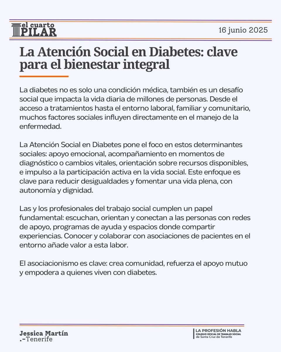 ✍️"La Atención Social en diabetes: clave para el bienestar integral"

ℹ️ colegiotstenerife.org/noticia/tipo-e…

.- Por Jessica Martín
🏛️ | 𝐄𝐋 𝐂𝐔𝐀𝐑𝐓𝐎 𝐏𝐈𝐋𝐀𝐑