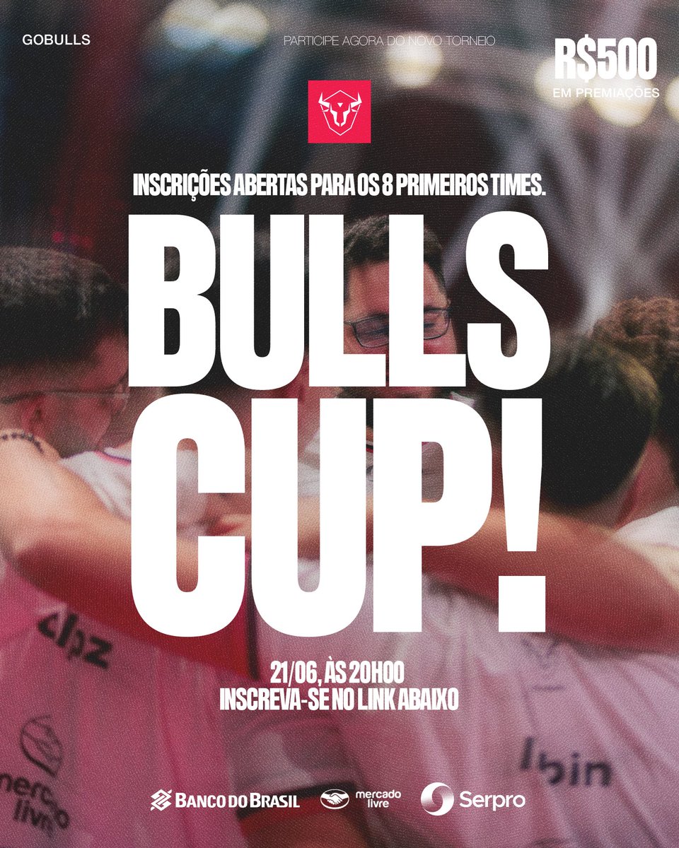 BULLS CUP 🏆

Já prepara o squad: no sábado, 21/06, logo após a South America League, vai rolar a Bulls Cup, o nosso Campeonato da Comunidade de R6! 💥

Premiação: R$500
Inscrições pela Challengermode, no link dos comentários

Vagas limitadas!! Assim que preencher, fechou.

Marca
