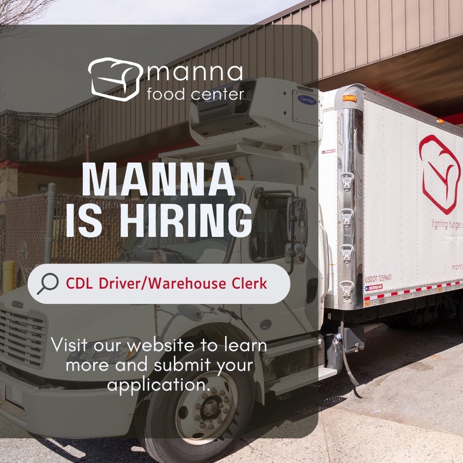 Manna Food Center (@mannafoodcenter) on Twitter photo ๐Manna Food Center is Hiring!๐
Manna is hiring a CDL Driver / Warehouse Clerk
Interested applicants are encouraged to submit their resume and cover letter to jobs@mannafood.org at their earliest convenience. Visit mannafood.org/about/careers-โฆ to learn more. ๐Manna Food Center is Hiring!๐
Manna is hiring a CDL Driver / Warehouse Clerk
Interested applicants are encouraged to submit their resume and cover letter to jobs@mannafood.org at their earliest convenience. Visit mannafood.org/about/careers-โฆ to learn more.