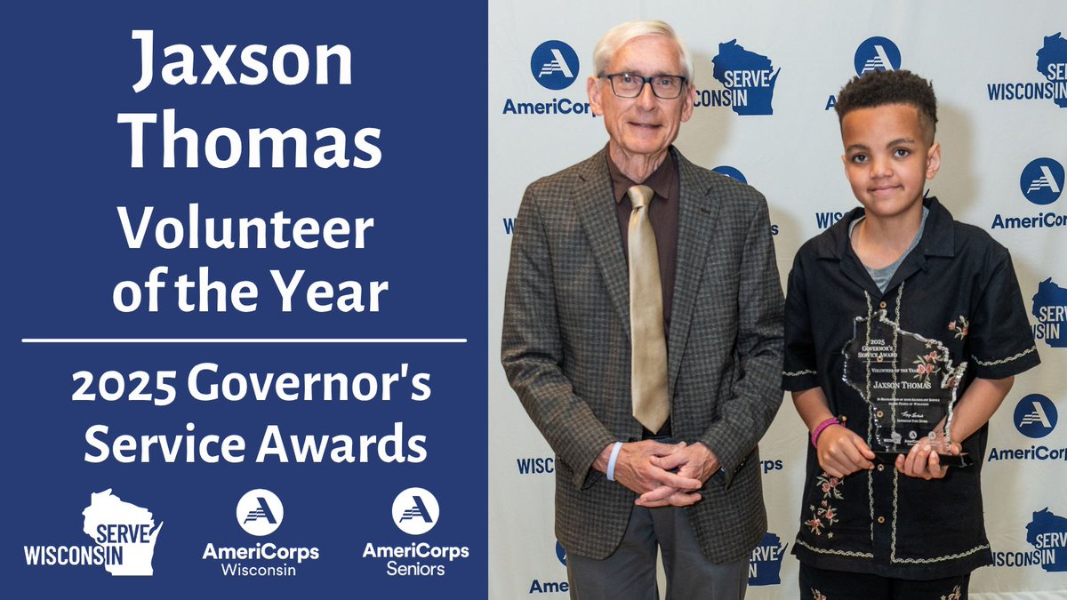 ServeWisconsin's tweet image. Congratulations to Jaxson Thomas, one of three Volunteer of the Year honorees at 2025 Governor’s Service Awards!
At just 12 years old, Jaxson created a holiday toy drive and festive toy distribution event in Kenosha that served over 100 families in need.
servewisconsin.wi.gov/s/Jaxson-Thoma…