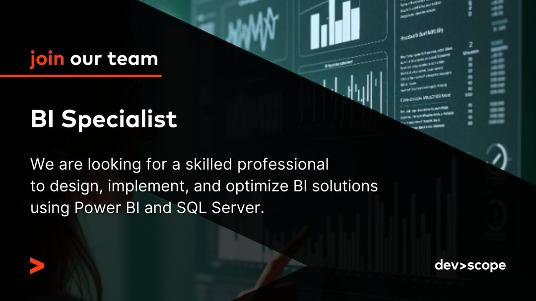 DevScope (@devscope) on Twitter photo We‘re hiring a BI Specialist! 📊
At DevScope, we‘re looking for a BI Specialist with expertise in Power BI & SQL Server to join our team.
Send your CV to hrteam@devscope.net. - devscope.net/careers/bi-spe…
#Hiring #BISpecialist #PowerBI #TechJobs We‘re hiring a BI Specialist! 📊
At DevScope, we‘re looking for a BI Specialist with expertise in Power BI & SQL Server to join our team.
Send your CV to hrteam@devscope.net. - devscope.net/careers/bi-spe…
#Hiring #BISpecialist #PowerBI #TechJobs