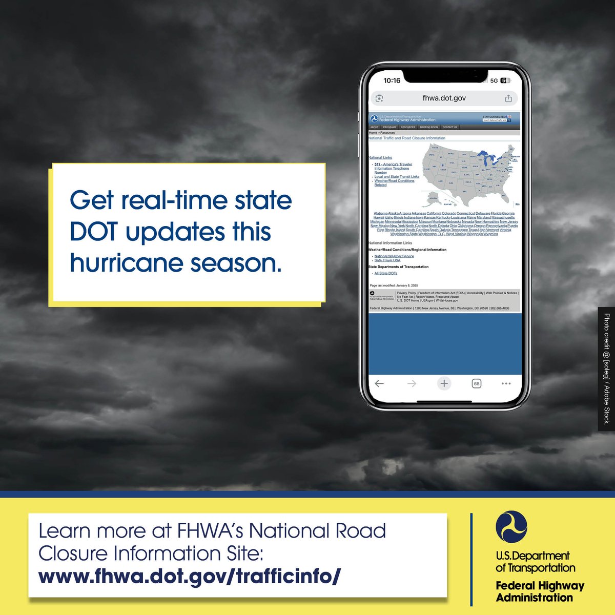 This hurricane season, know your evacuation routes and how to quickly get to safety, if necessary. Visit FHWA’s National Road Closure Information site fhwa.dot.gov/trafficinfo/ for real-time updates.