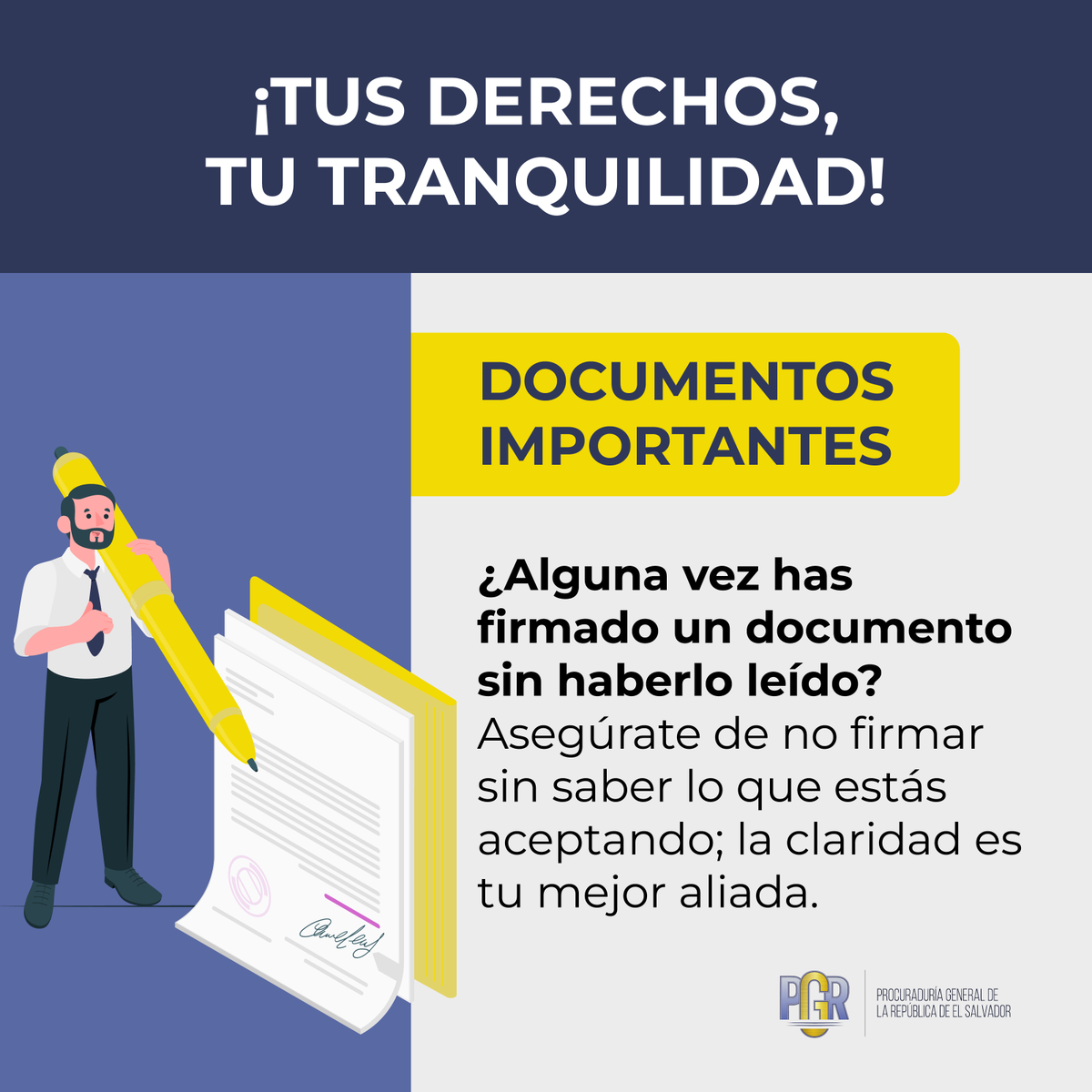 PGR_SV's tweet photo. 📷 ¿Alguna vez has firmado un documento sin haberlo leído?
Si tienes dudas, ven a la #PROCU para recibir #AsesoríaLegal. La claridad es tu mejor aliada. No firmes sin saber lo que estás aceptando. https://t.co/oYw0e7sOmP
