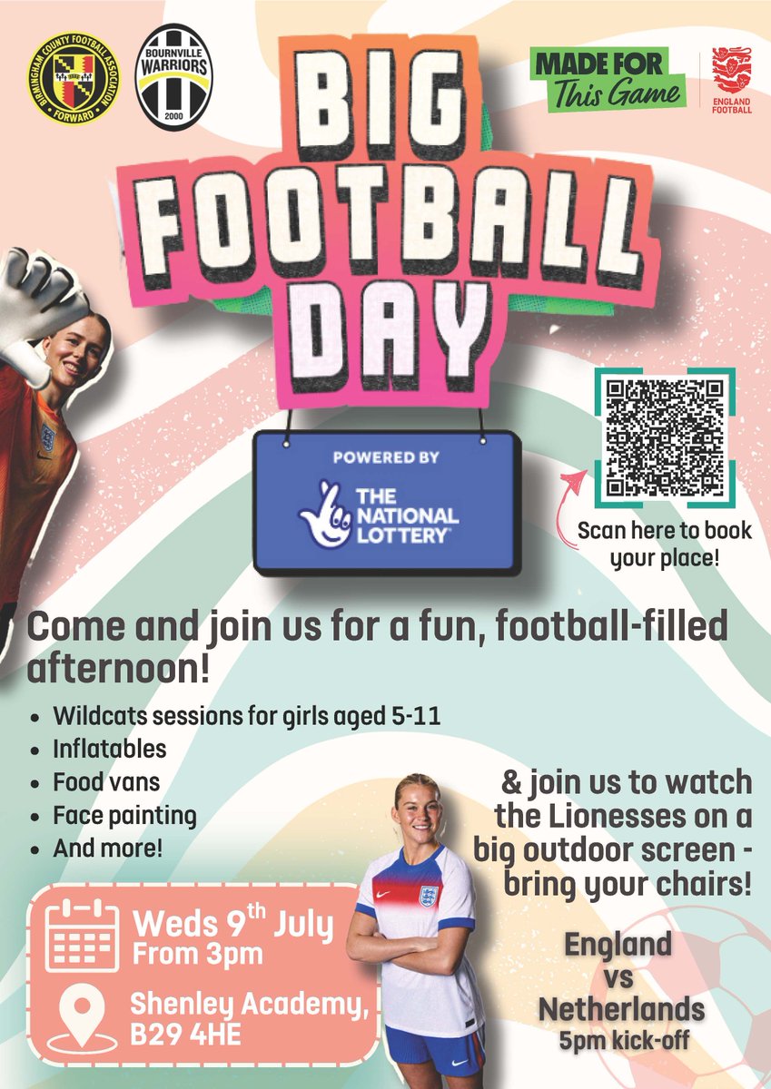 Birmingham County FA (@birminghamfa) on Twitter photo Letโs bring the community together for #BigFootballDay powered by <a href="/TNLUK/">The National Lottery</a> ๐คฉ
Join us at Shenley Academy on the 9th July, in partnership with <a href="/BWarriorsFC1/">Bournville Warriors FC</a>, for a fun and football filled afternoon! There is something for everyone, including football taster sessions, and we'll be Letโs bring the community together for #BigFootballDay powered by <a href="/TNLUK/">The National Lottery</a> ๐คฉ
Join us at Shenley Academy on the 9th July, in partnership with <a href="/BWarriorsFC1/">Bournville Warriors FC</a>, for a fun and football filled afternoon! There is something for everyone, including football taster sessions, and we'll be