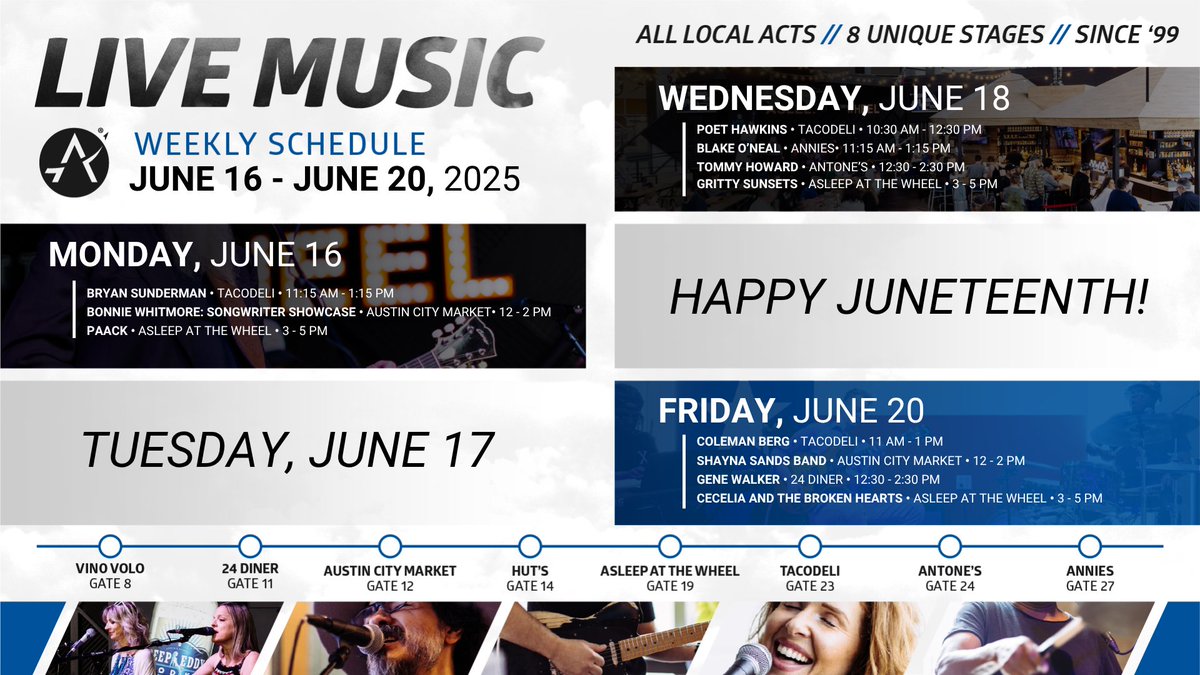 🎶 Here’s who’s playing live at AUS this week! 🎵 Want to know where to catch the tunes? Check out our live music program and stage locations, you won’t want to miss it! 🎸✨

For information about the stage locations and our live music program, check out austintexas.gov/department/liv…