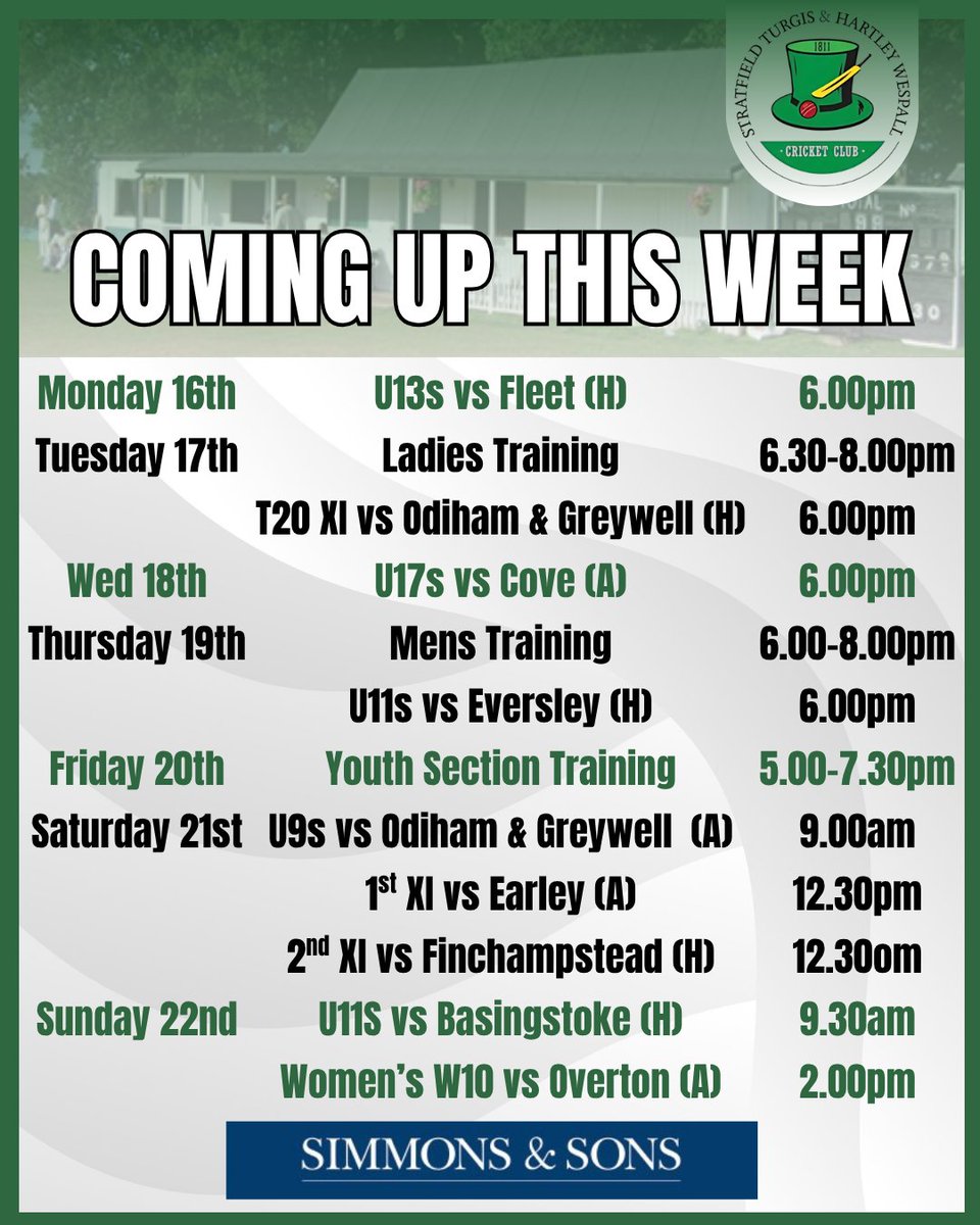 Coming up this week at STHWCC 🏏

#Cricket #StratfieldTurgis #HartleyWespall #Hampshire #HampshireCricket