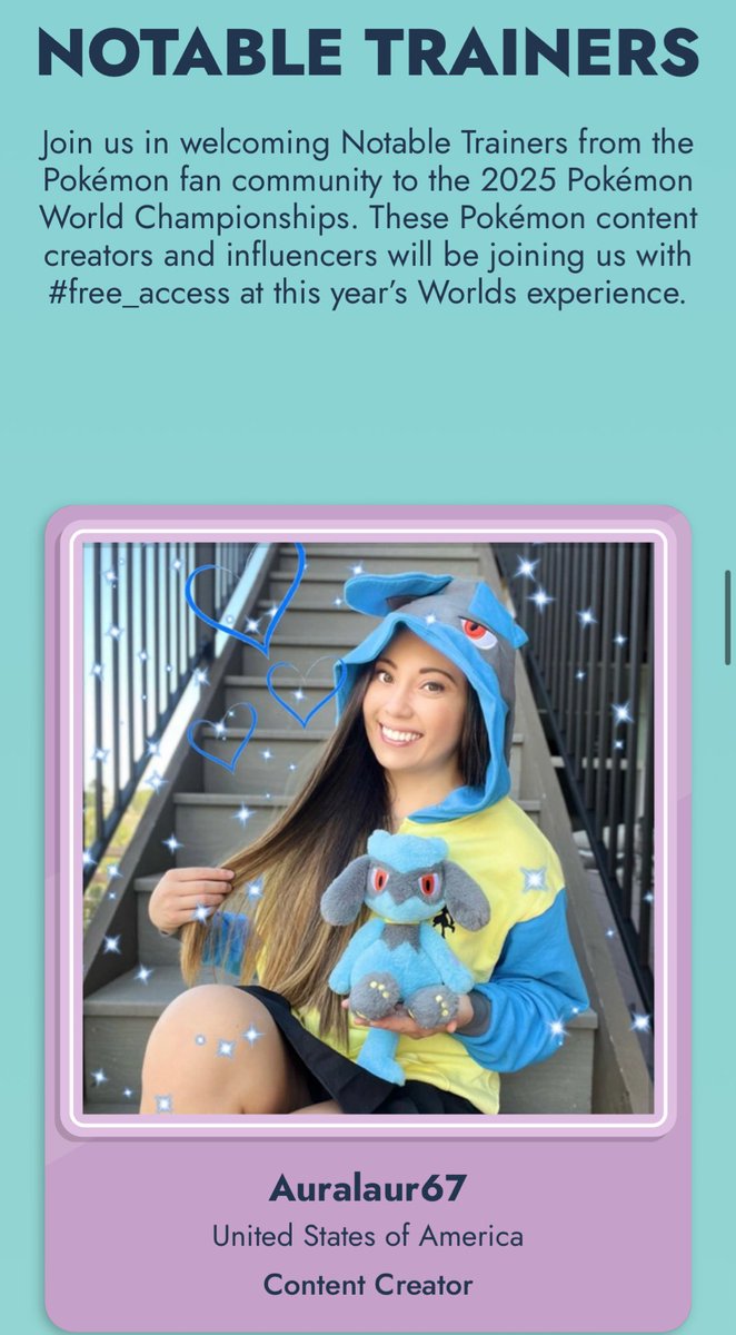 Auralaur67 🔜 RESTING 🏡 (@auralaur67) on Twitter photo This will never not feel surreal 🥹🩵 a HUGE honor to be featured on the Official Pokemon Worlds website this year as a Notable Trainer 😭
Thank you <a href="/Pokemon/">Pokémon @ NAIC</a> for the #free_access to this year’s event! NEXT STOP, ANAHEIM 🫵🏻🥹🩵 This will never not feel surreal 🥹🩵 a HUGE honor to be featured on the Official Pokemon Worlds website this year as a Notable Trainer 😭
Thank you <a href="/Pokemon/">Pokémon @ NAIC</a> for the #free_access to this year’s event! NEXT STOP, ANAHEIM 🫵🏻🥹🩵