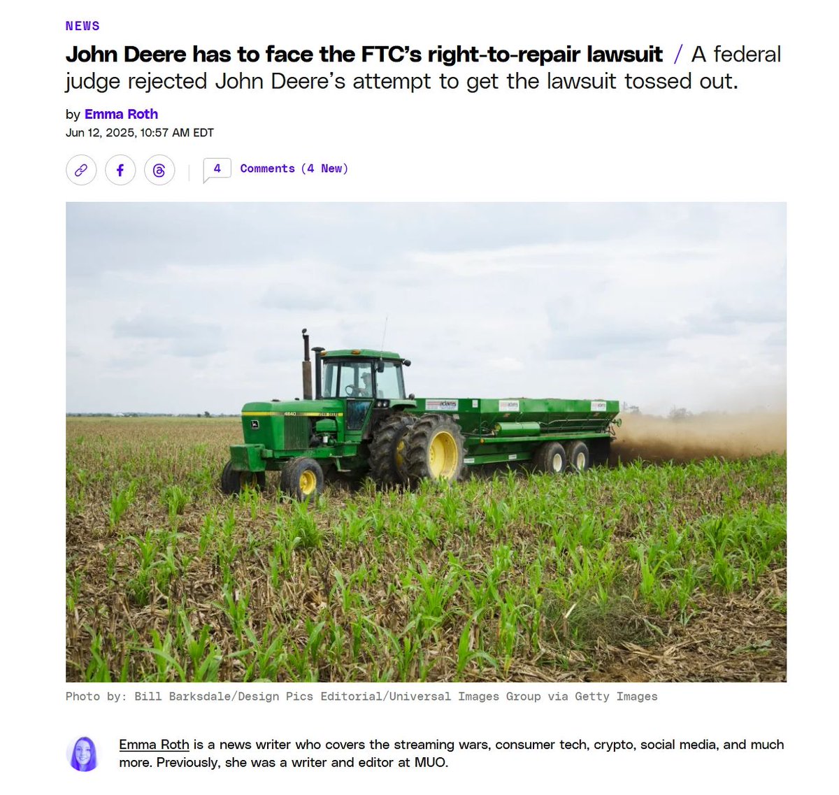 A federal judge is ensuring John Deere will face the FTC’s right-to-repair lawsuit after rejecting the company’s attempt to throw it out.

By limiting farmers to certain authorized dealers for repairs, John Deere has forced farmers to endure higher costs and devastating delays.