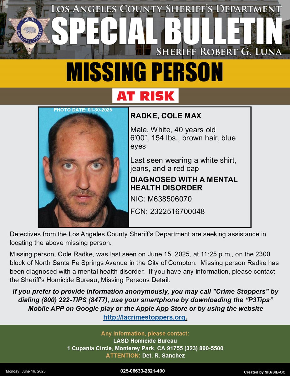 #LASD is Asking for the Public’s Help Locating At-Risk Missing Person Cole Max Radke #Compton
local.nixle.com/alert/11665625/