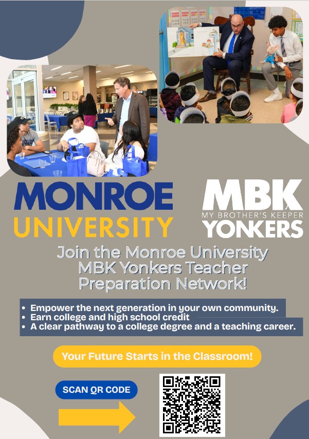 MBK Yonkers (@yonkersmbk) on Twitter photo Are you a rising #MBK 8th grader - 11th grade at <a href="/YonkersSchools/">Yonkers Public Schools</a>? There is still time to enroll in our Monroe University Teacher MBK Yonkers Teacher Preparation Network. Click here to sign up: tinyurl.com/MBKMonroe
<a href="/RcollinsJudon/">RoseAnne Collins-Judon</a> <a href="/AnibalSolerJr/">Aníbal Soler, Jr.</a> Are you a rising #MBK 8th grader - 11th grade at <a href="/YonkersSchools/">Yonkers Public Schools</a>? There is still time to enroll in our Monroe University Teacher MBK Yonkers Teacher Preparation Network. Click here to sign up: tinyurl.com/MBKMonroe
<a href="/RcollinsJudon/">RoseAnne Collins-Judon</a> <a href="/AnibalSolerJr/">Aníbal Soler, Jr.</a>