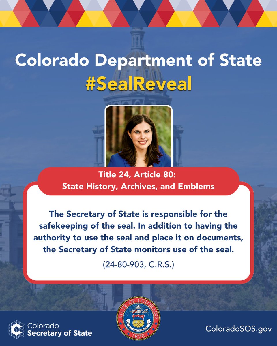 . <a href="/NASSorg/">NASS</a> #SealReveal: Did you know that the Secretary of State is the official keeper of the Colorado State Seal? State law specifies that the Secretary of State is authorized to use or affix the seal of Colorado to any document and is responsible for ensuring proper use.
