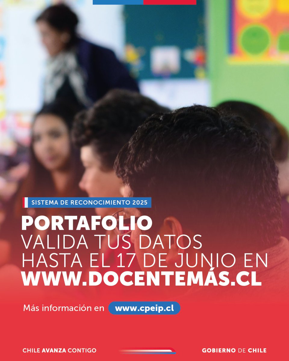 Si fuiste convocado/a a participar del Sistema de Reconocimiento 2025 y fuiste inscrito/a por tu Sostenedor/a, debes validar tus datos hasta mañana, martes 17 de junio en docentemas.cl

Este requisito es fundamental y obligatorio para rendir el instrumento Portafolio.
