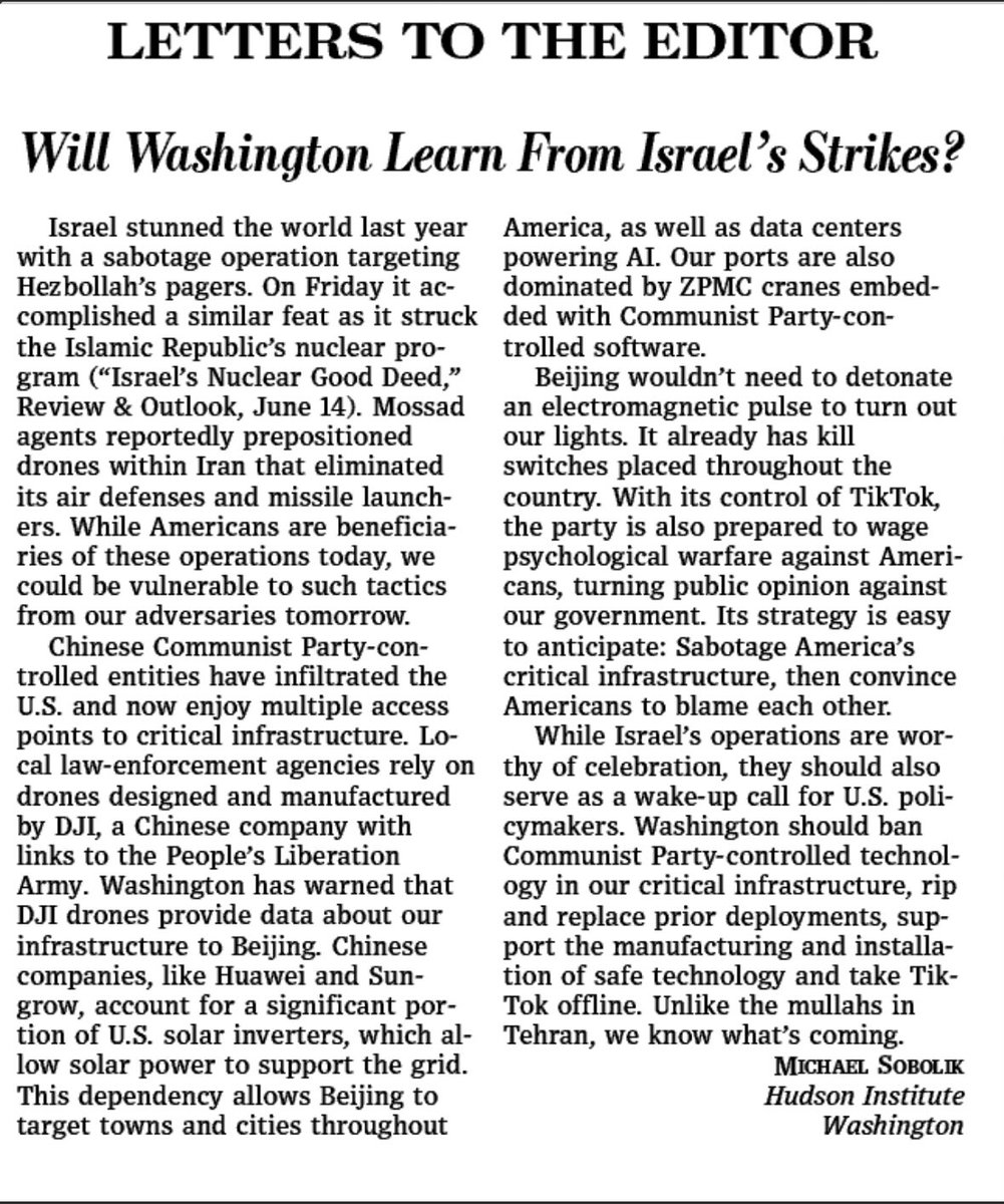 Michael Sobolik (@michaelsobolik) on Twitter photo 📰 Grateful to <a href="/WSJopinion/">Wall Street Journal Opinion</a> for including my letter in today’s print edition:
“Will Washington Learn From Israel’s Strikes?” 📰 Grateful to <a href="/WSJopinion/">Wall Street Journal Opinion</a> for including my letter in today’s print edition:
“Will Washington Learn From Israel’s Strikes?”
