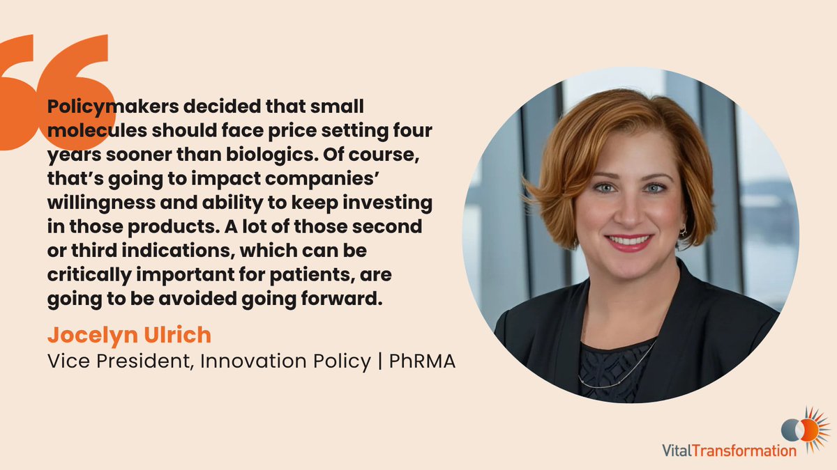 BSBHbyVT's tweet photo. Under the IRA, small molecules now face price negotiation at year 9 instead of year 13, shrinking the window companies need to sell exclusively and recoup the hundreds of millions they invest in each new therapy.

@jocelynulrich (Vice President, Innovation Policy at @PhRMA) explains that these exclusivity periods are critical not just for breakthrough cures but also for funding second and third indications that can transform patient care. Our peer-reviewed analysis shows that money is shifting away from small molecules under these different exclusivity windows, especially for therapies targeting seniors.

We sat down with Jocelyn to unpack how PBM consolidation, biosimilar vertical integration, and looming tariff threats are reshaping biopharma’s incentive structure - and why realigning drug pricing with patient access is essential to biotech innovation.

Listen now on the Vital Health Podcast to learn more: https://t.co/wBiucZvuIW

#IRA #DrugPricing #PatientAccess #Biopharma #HealthPolicy #PBM #Biosimilars #Innovation