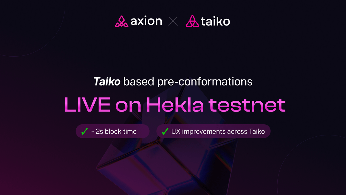 🚨BIG MILESTONE UNLOCKED🚨

🚀 <a href="/taikoxyz/">Taiko.eth 🥁</a> based pre-conformations are LIVE on Hekla testnet, bringing a huge UX boost across the ecosystem.

How this upgrade enhances trading experience on Axion👇
