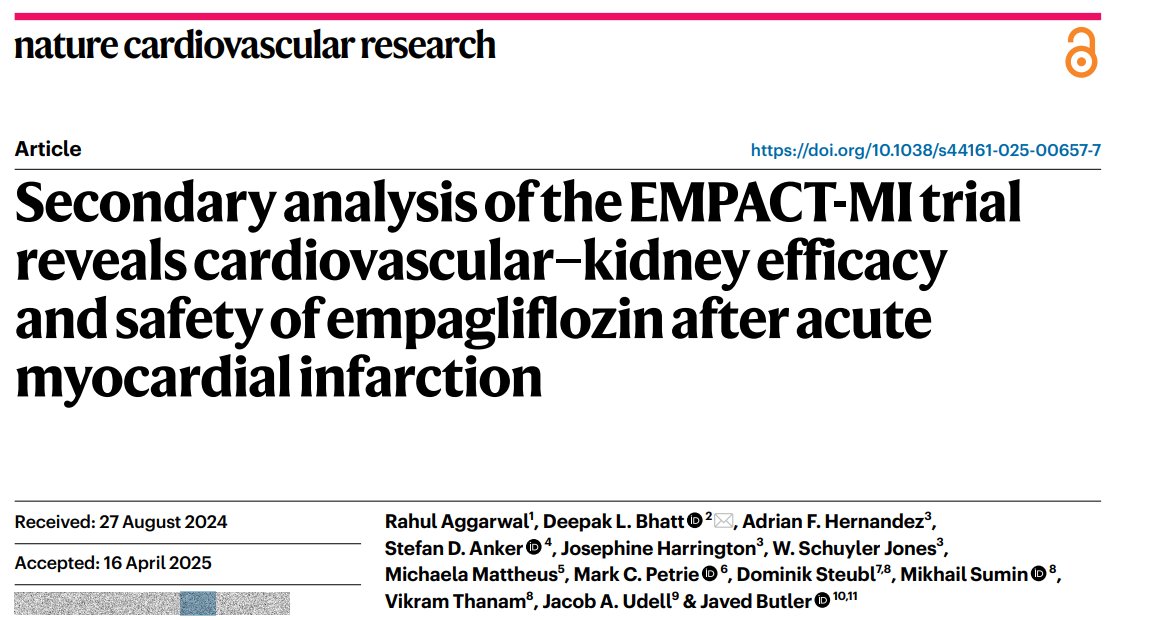 RahulAggarwalMD's tweet image. 💥 New in Nature Cardiovascular Research!
In our EMPACT-MI analysis, empagliflozin:
✅ Stabilized kidney function post-MI
✅ Reduced HF events
✅ Was safe to start early—even with CKD
Supports SGLT2i safety post-MI 💊🫀
📖: nature.com/articles/s4416…
⭐️Mentor @DLBHATTMD