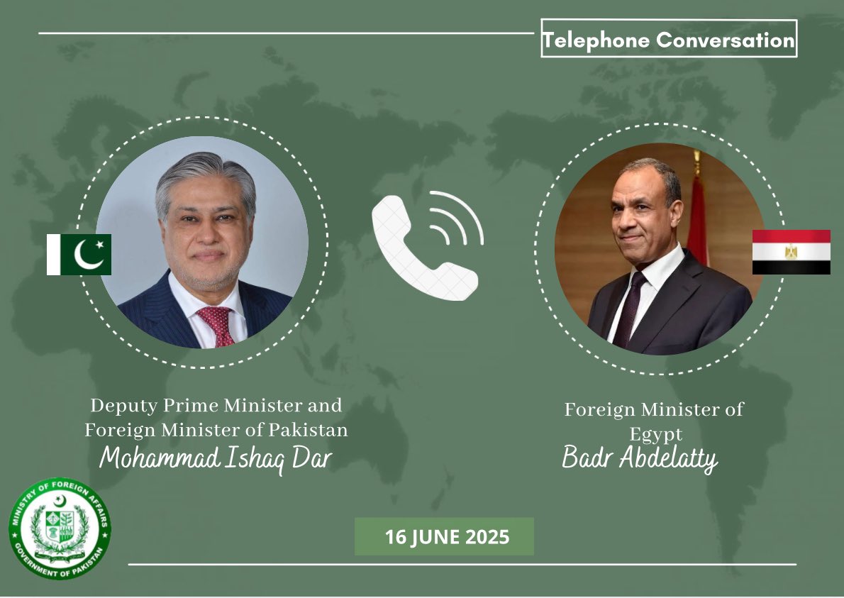 Deputy Prime Minister/Foreign Minister, Senator Mohammad Ishaq Dar <a href="/MIshaqDar50/">Ishaq Dar</a>, today spoke with the Foreign Minister of Egypt, Badr Abdelatty.

The two leaders expressed deep concern over the deteriorating regional situation, in the wake of the unjustified Israeli agression