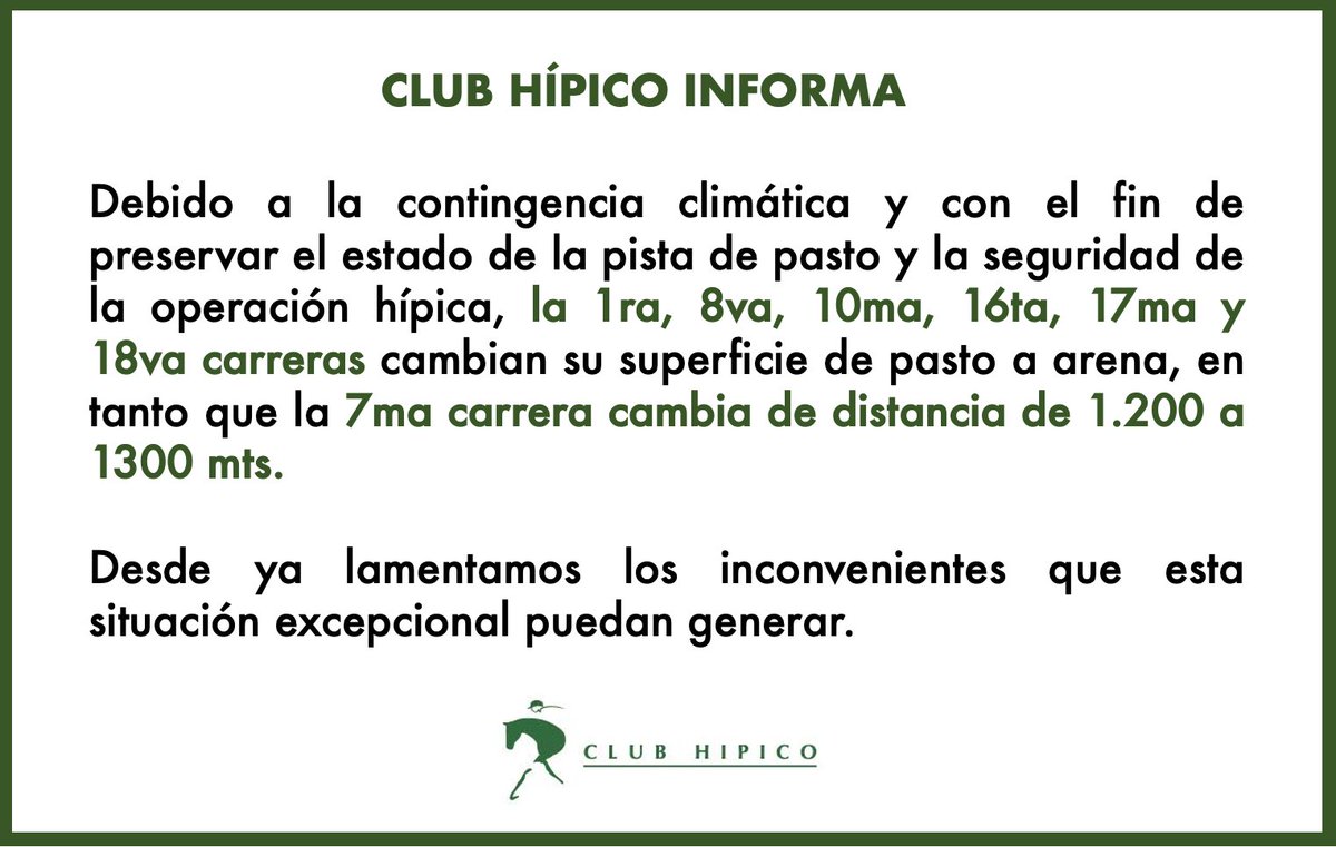 🚨 Información muy importante respecto a la jornada de hoy en el Club Hípico.