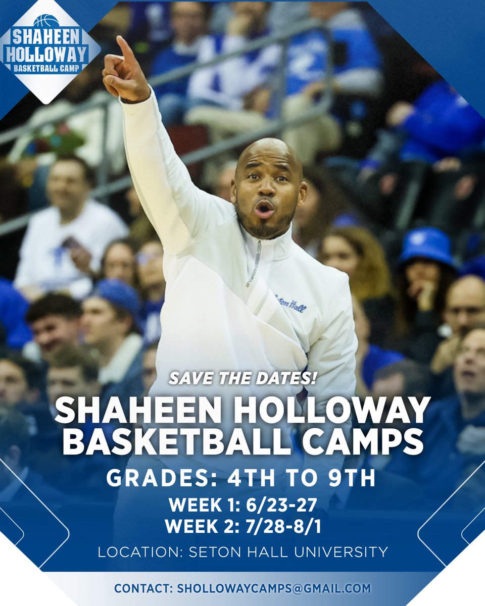 SetonHallMBB's tweet image. We are 1 week away from Session 1 of SHAHEEN HOLLOWAY BASKETBALL CAMP‼️🔵⚪️🔵⚪️
Only a few spots remain! Register today ➡️ …heenhollowaybasketball.totalcamps.com/About%20Us