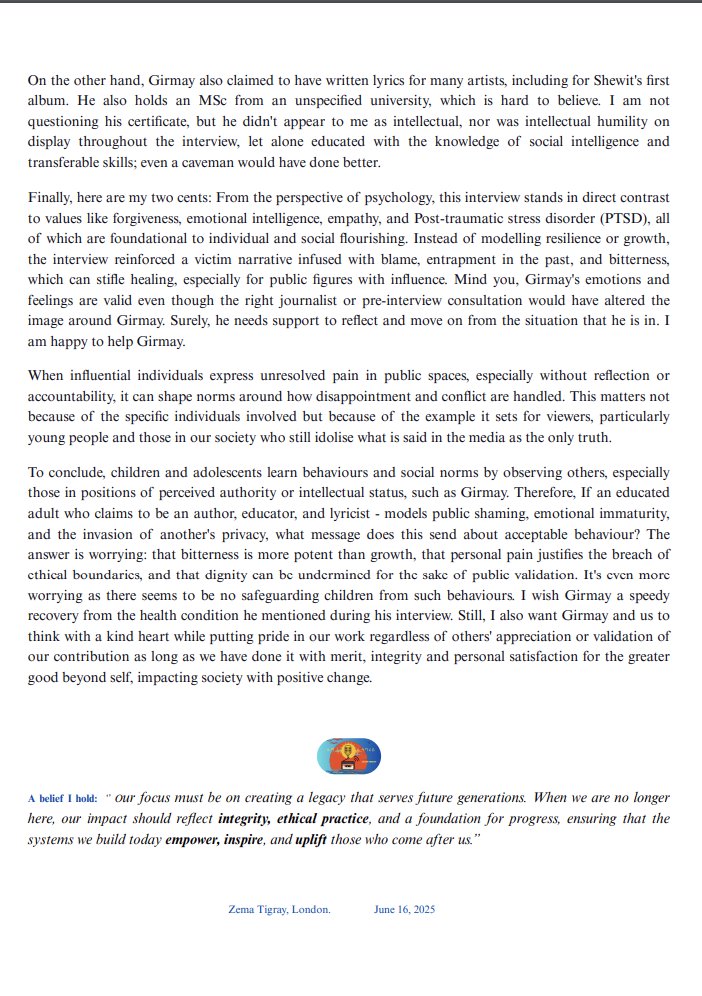 How are #Tigray's elites shaping the future?

Through a psychological lens,Girmay's interview clashed with values like empathy, resilience, &amp; emotional growth. It echoed bitterness over healing, blame over reflection.His feelings are valid, and he needs support, not spectacle.
