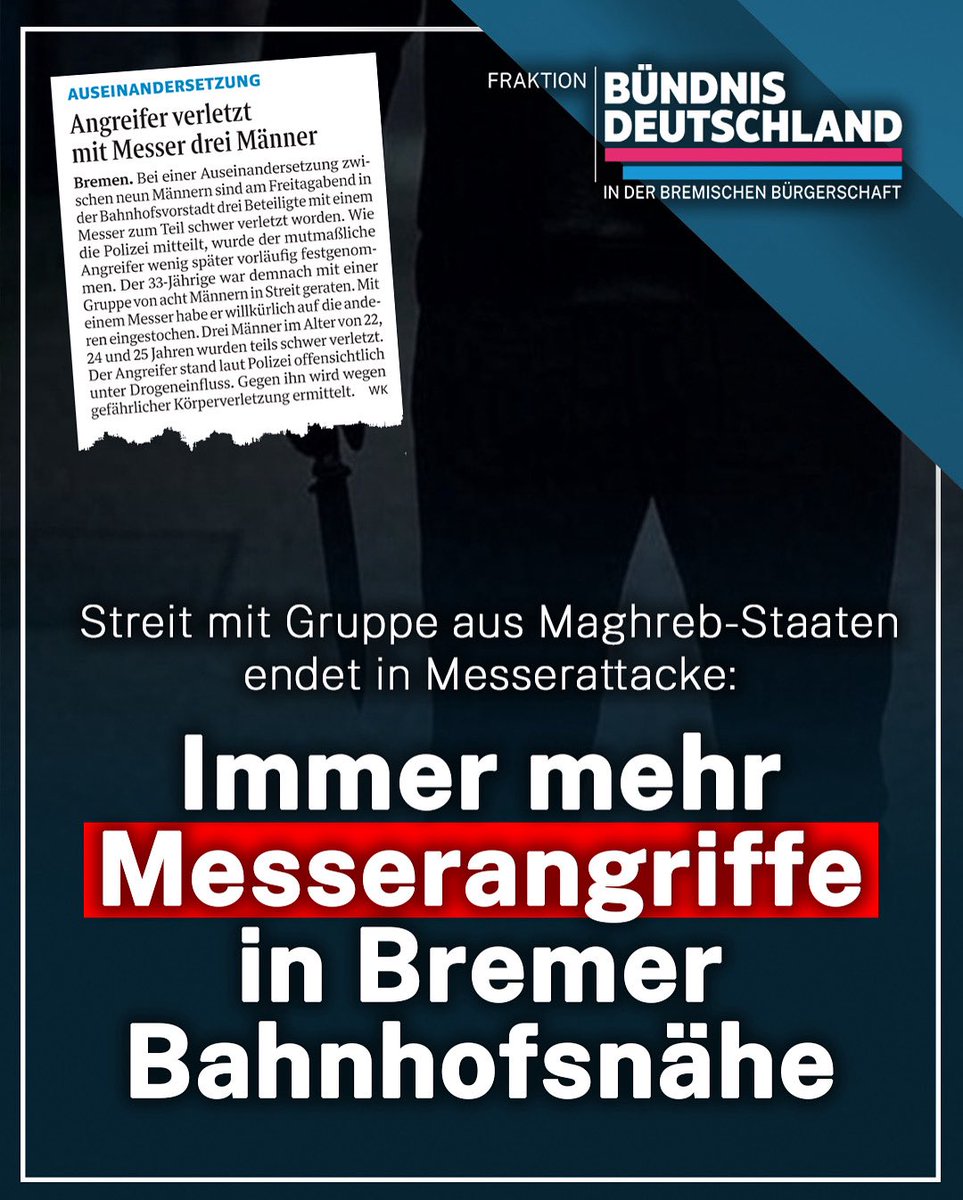 Wieder ein Messerangriff nahe Bremens Hauptbahnhof!

Am Freitagabend kam es in der Bahnhofsvorstadt zu einer gewaltsamen Auseinandersetzung zwischen mehreren jungen Männern – laut Polizeiangaben stammen sie aus den sogenannten Maghreb-Staaten (u. a. Marokko, Algerien, Tunesien).