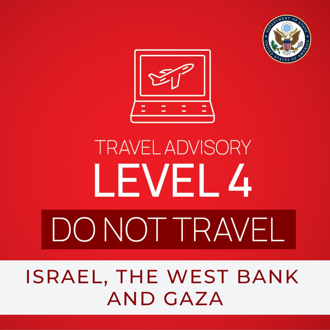 Israel, the West Bank, and Gaza: On June 16, the Department of State updated the Travel Advisory due to the authorized departure of family members of U.S. government employees and some non-emergency U.S. government employees.
Do Not Travel To: Israel due to armed conflict,