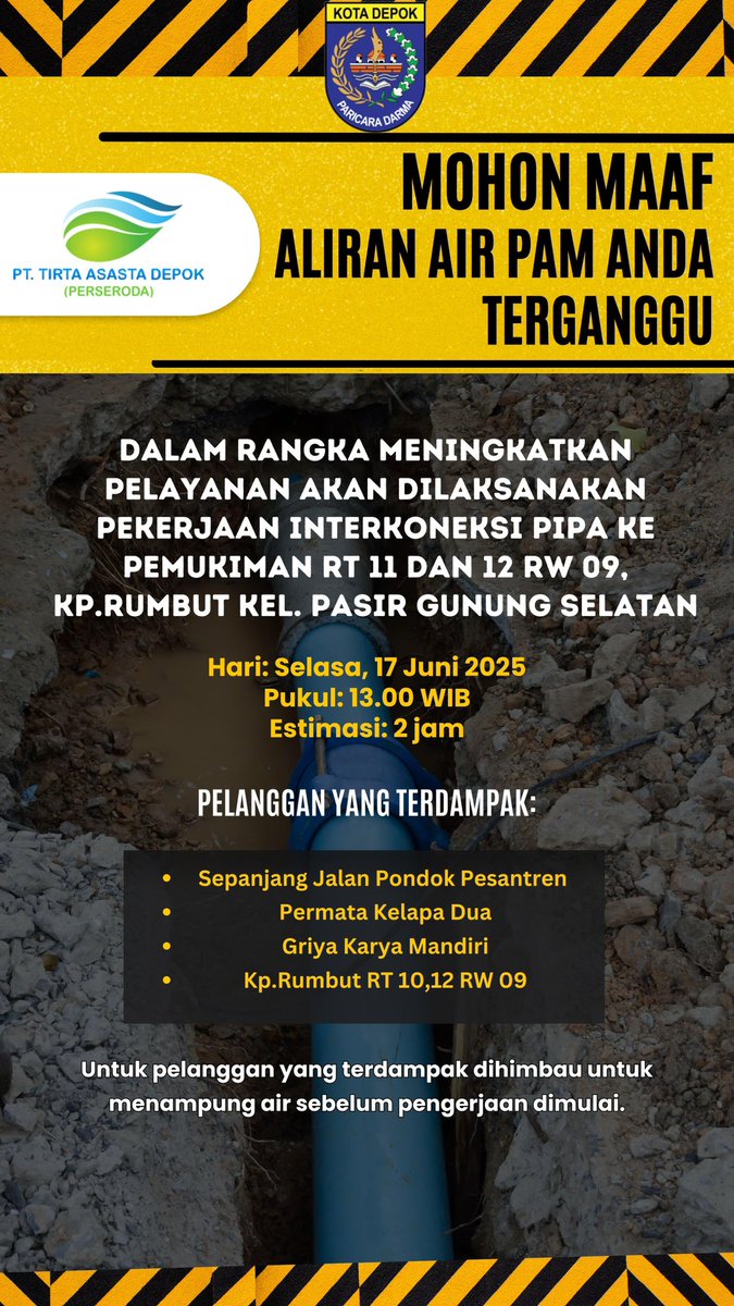 Hallo #KawanAsasta, dalam rangka meningkatkan pelayanan akan dilaksanakan pekerjaan tapping pada hari Selasa, 17 Juni 2025 dengan wilayah terdampak sebagai berikut.

Tampung air secukupnya ya sebelum pekerjaan dimulai dan mohon maaf atas ketidaknyamanannya🙏🏻

#PDAM
#TirtaAsasta