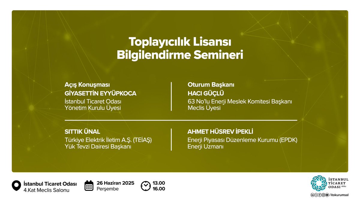 İstanbul Ticaret Odası 'Toplayıcılık Lisansı Bilgilendirme Semineri' düzenliyor. Ücretsiz etkinliğimize siz de davetlisiniz.

🗓️26 Haziran 2025 - Perşembe
🕐 13.00 - 16.00
📍İTO Eminönü Merkez Bina

Katılmak İçin;
👉bit.ly/ITOEgitim18Haz…