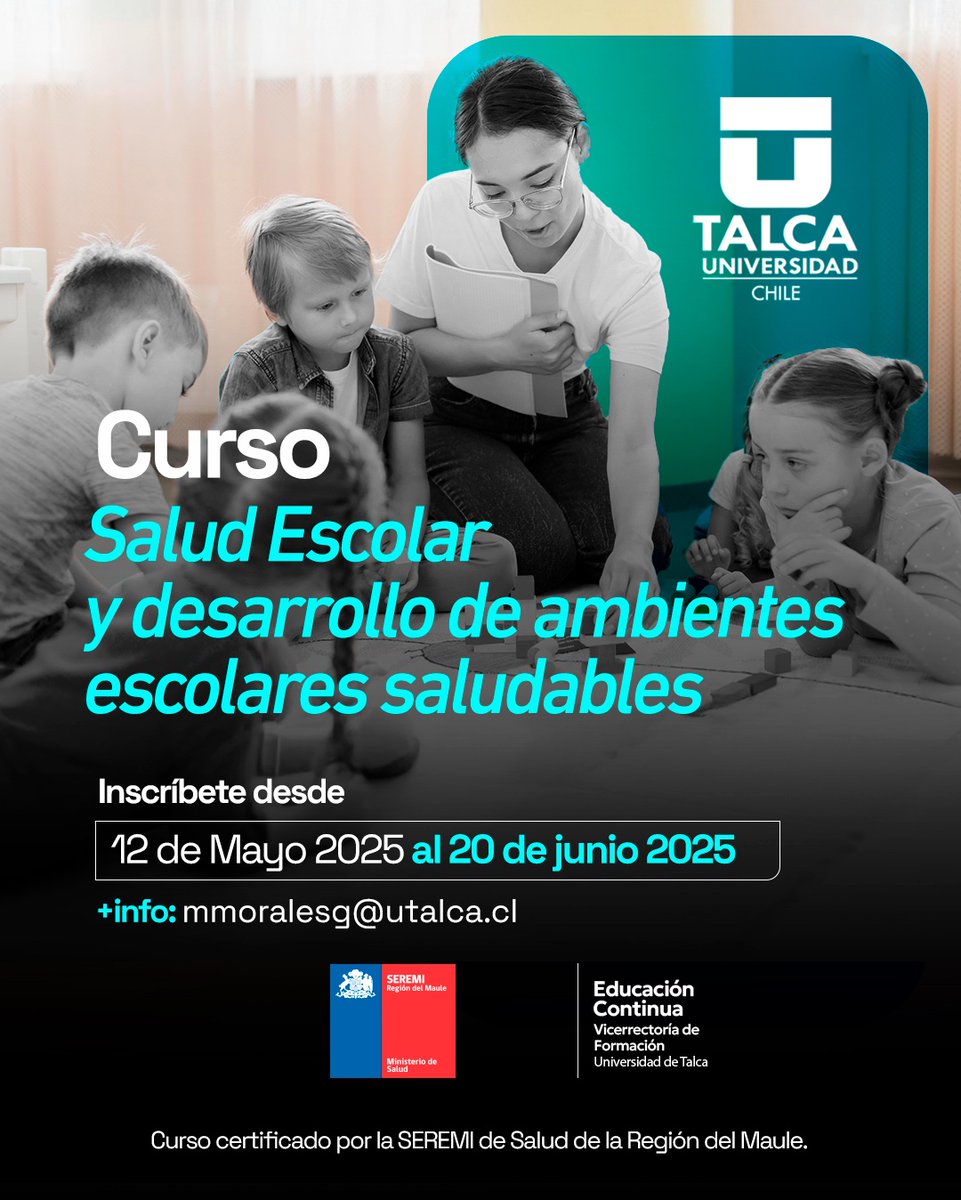 Ciencias de la Salud UTalca (@cssaludutalca) on Twitter photo 🔴Quedan pocos días para inscribirse➡️ Curso Salud escolar y desarrollo de ambientes escolares saludables, de la <a href="/UTalca/">Universidad de Talca</a> ✅
Cierre inscripciones 📅 20 de junio
Más información e inscripciones📌
formacioncontinua.utalca.cl/html/cursos/sa…
Consultas📧mmoralesg@utalca.cl
<a href="/postgradoUTalca/">Postgrado UTalca</a> #FCSUTalca 🔴Quedan pocos días para inscribirse➡️ Curso Salud escolar y desarrollo de ambientes escolares saludables, de la <a href="/UTalca/">Universidad de Talca</a> ✅
Cierre inscripciones 📅 20 de junio
Más información e inscripciones📌
formacioncontinua.utalca.cl/html/cursos/sa…
Consultas📧mmoralesg@utalca.cl
<a href="/postgradoUTalca/">Postgrado UTalca</a> #FCSUTalca