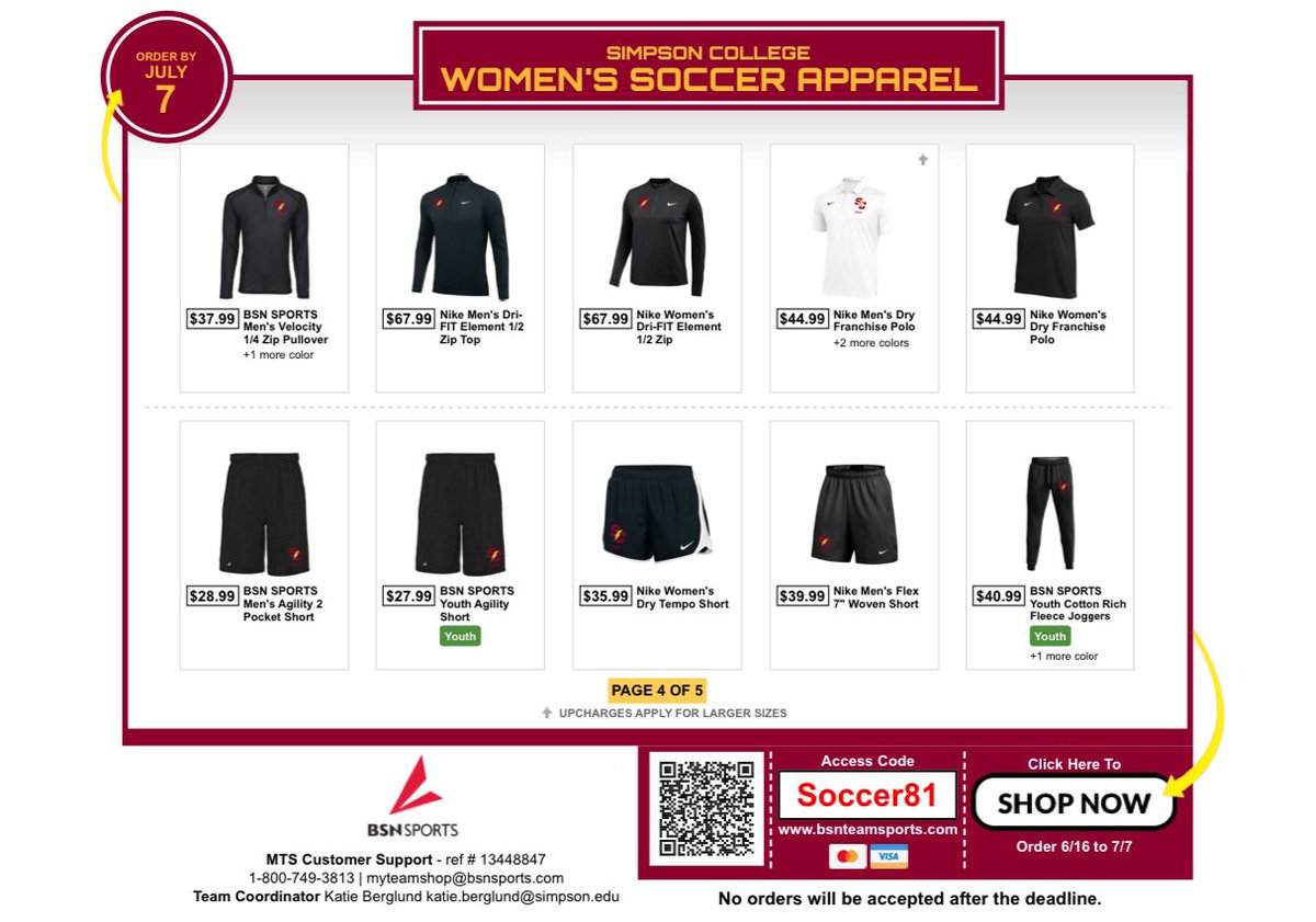 THE SHOP IS LIVE!🚨
Your official Simpson College Women’s Soccer Apparel store is now open! 💪⚽

Rep the Red &amp; Gold with fresh gear for players, parents, fans, and supporters! 🙌🔥

🛒 Shop now ➡️ bsnteamsports.com/shop/Soccer81

🗓️ Limited time only – don’t miss out!
#StormNation