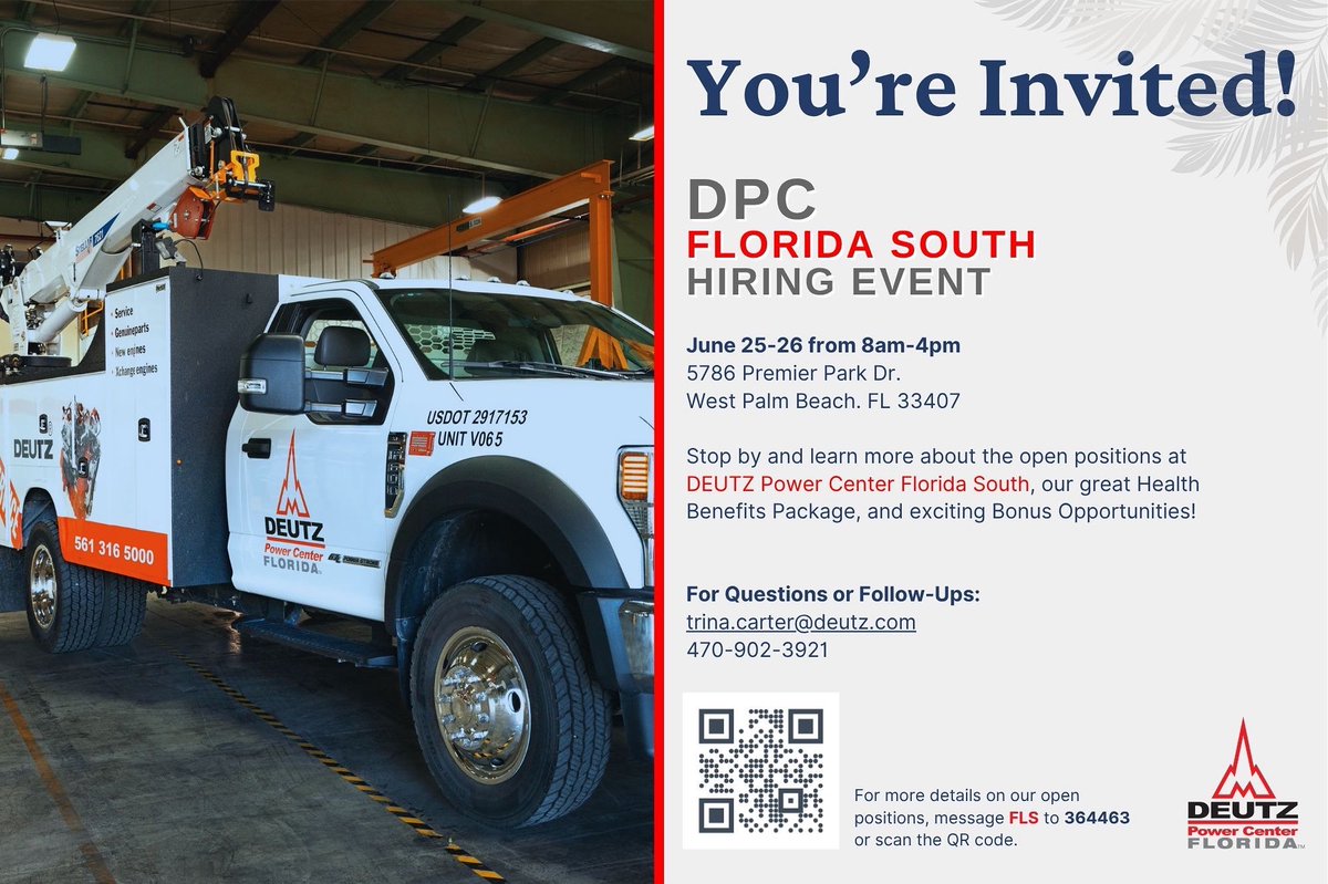 DEUTZAmericas's tweet image. If you’re in sunny south Florida next week, DPC Florida South will be holding a hiring event at its location next Wed. and Thurs.

#deutz #service #engineservice #deutzpowercenters #dpcservice #florida #southflorida #southfloridamilitaryfriendlycareers #militaryfriendlycareers