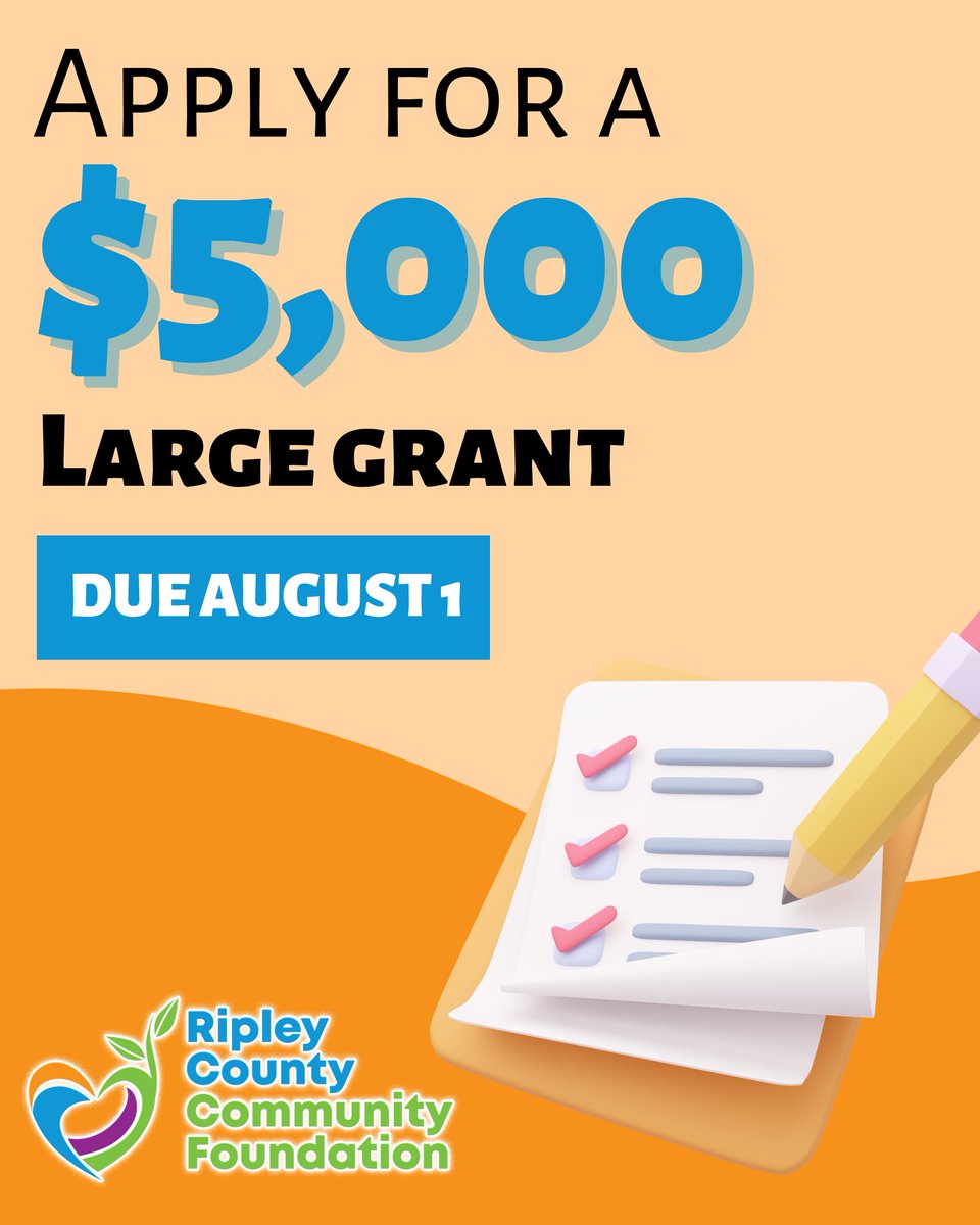 Have a big idea that could make a difference in Ripley County? 💡
Apply for our Large Projects Grant for the chance to receive up to $5,000 to bring your vision to life!

📅 Applications due on Friday, August 1
💻 Apply today at rccfonline.org/grants/
