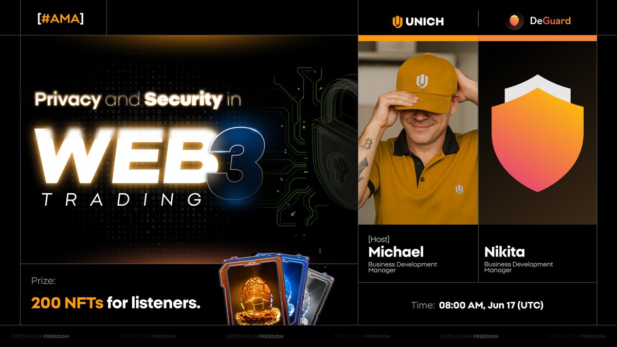 Unich.com ๐ (@unich_com) on Twitter photo ๐ฅ #AMA with our long-time partner <a href="/DeGuardVPN/">DeGuard VPN</a>
Hey Freedom Fam! This week's session dives into 'Privacy & Security in Web3 Trading' ๐ก๏ธ
๐ค Speakers from #Unich and #DeGuard will explore how we give users full control of their assets and ensure strong data protection - all backed ๐ฅ #AMA with our long-time partner <a href="/DeGuardVPN/">DeGuard VPN</a>
Hey Freedom Fam! This week's session dives into 'Privacy & Security in Web3 Trading' ๐ก๏ธ
๐ค Speakers from #Unich and #DeGuard will explore how we give users full control of their assets and ensure strong data protection - all backed