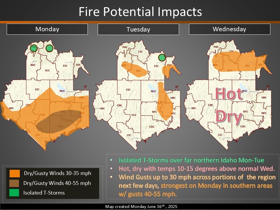 GBCC News and Notes (@greatbasincc) on Twitter photo Fire Potential Impact Map for Monday-Wednesday 06/16/25-06/18/24 #gbcc #greatbasincoordinationcenter
<a href="/GreatBasinCC/">GBCC News and Notes</a> Fire Potential Impact Map for Monday-Wednesday 06/16/25-06/18/24 #gbcc #greatbasincoordinationcenter
<a href="/GreatBasinCC/">GBCC News and Notes</a>