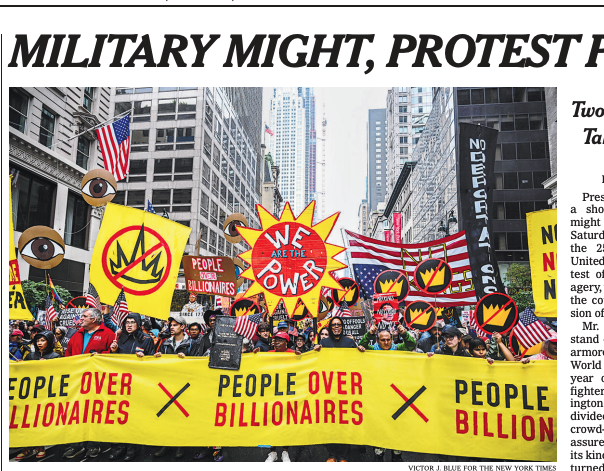 eosnos's tweet image. Thanks @nytimes for naming my book to its recommended reads ("Toggling between extravagances like simulated World War II battles and dueling luxury disaster refuges, Osnos takes the reader deep into our new Gilded Age.") As it happens, front-page photo is a sign of the times: